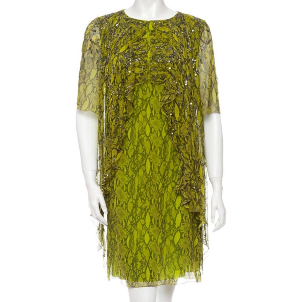 Matthew Williamson Silk Snakeskin Print Dress - Bright Green - Beaded - Sz US6